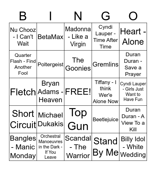 80's Bingo Card