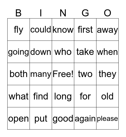 sight word Bingo Card