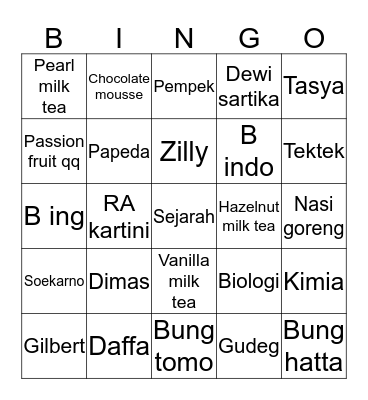 Jevan Bingo Card
