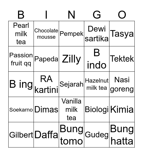 Jevan Bingo Card