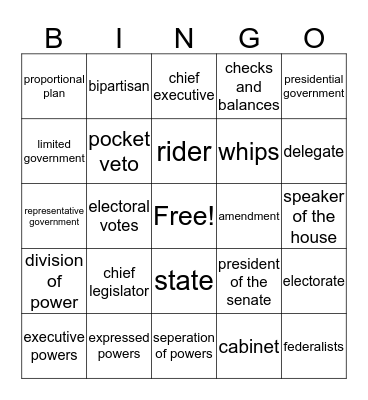 American Government Final Review  Bingo Card