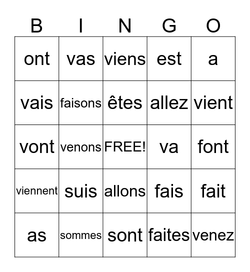 Irregular Verbs Bingo Card