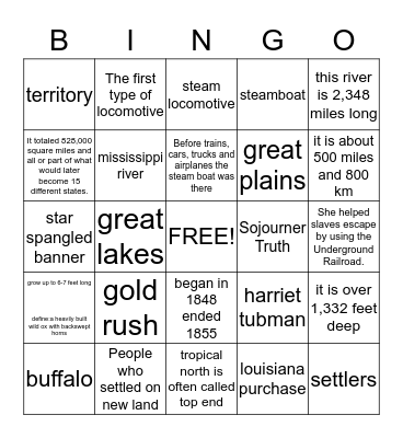 Westward Expansion Bingo Card
