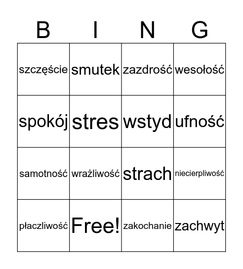 Emocje Bingo Card