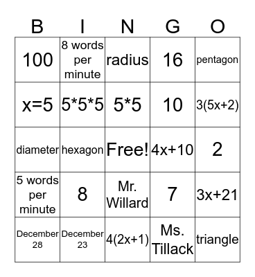 Math Bingo Card