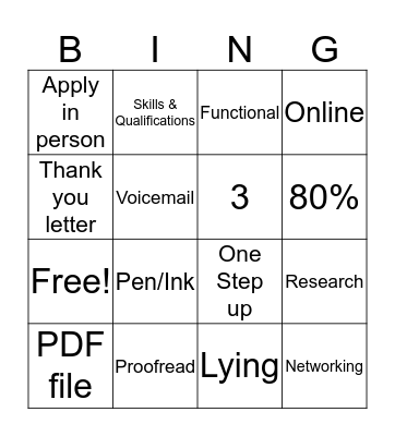 Job Search Bingo Card