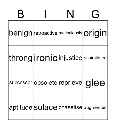 Giver Vocab Words Bingo Card