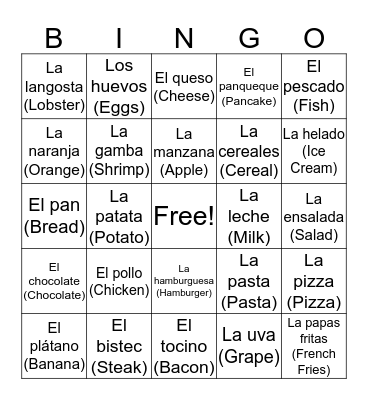 Food in Spanish Bingo Card