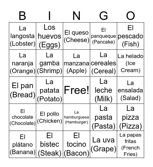 Food in Spanish Bingo Card