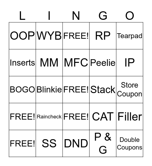 Coupon Vocabulary Bingo Card