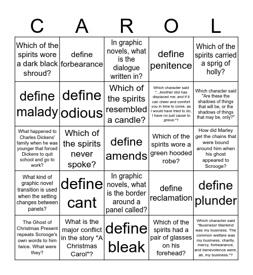 A Christmas Carol Bingo Card