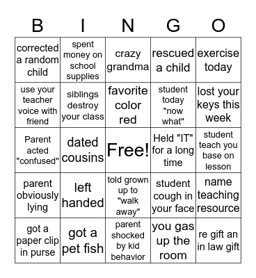 Teacher Bingo Card