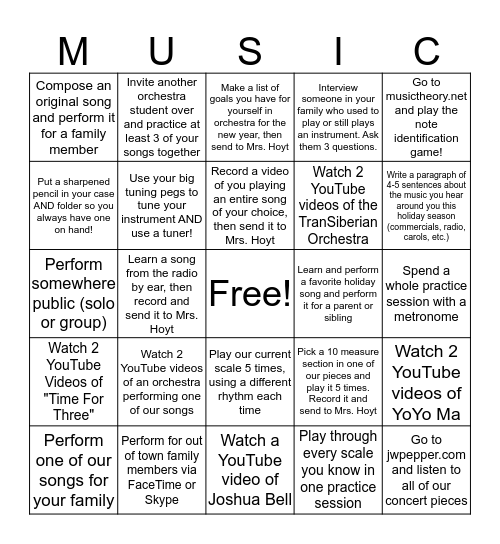 Winter Break Orchestra Bingo Card