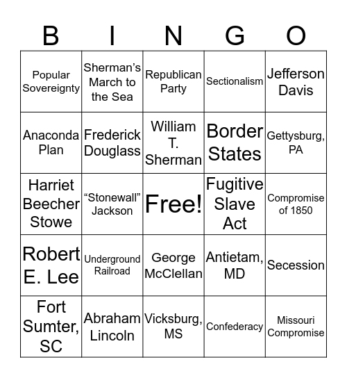 Civil War Review  Bingo Card