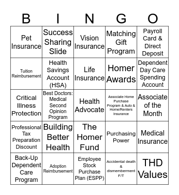 Home Depot Benefits Bingo Card