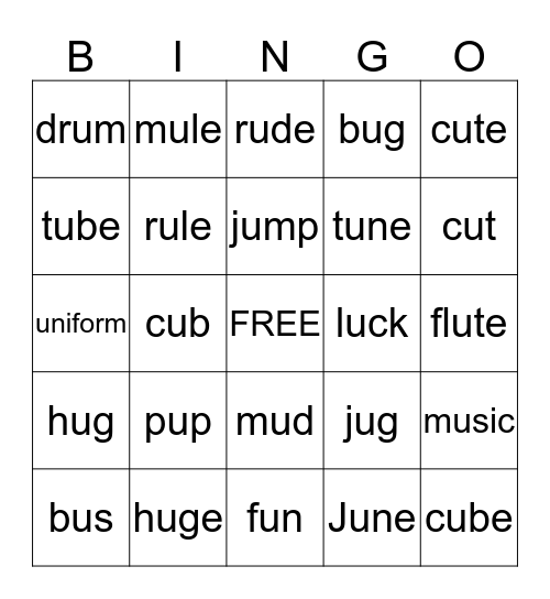 Long and Short U Words Bingo Card