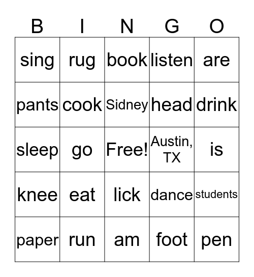 Verb or Noun Bingo Card