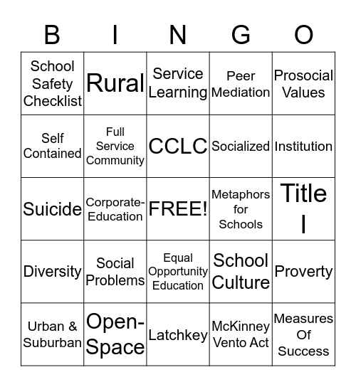 Today's School Bingo Card