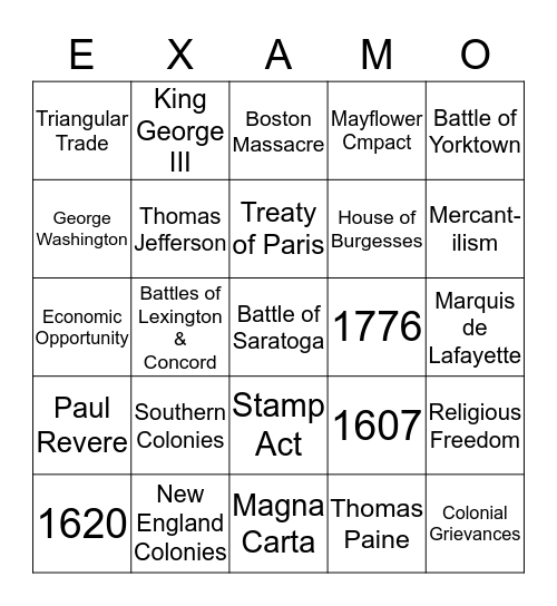 1st Semester Exam Review: Colonial Era Bingo Card