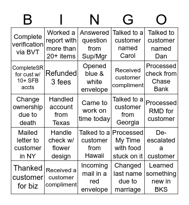 Servicing Bingo Card