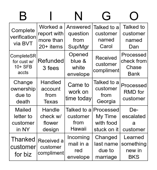 Servicing Bingo Card