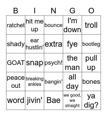 Slang Terms Bingo Card