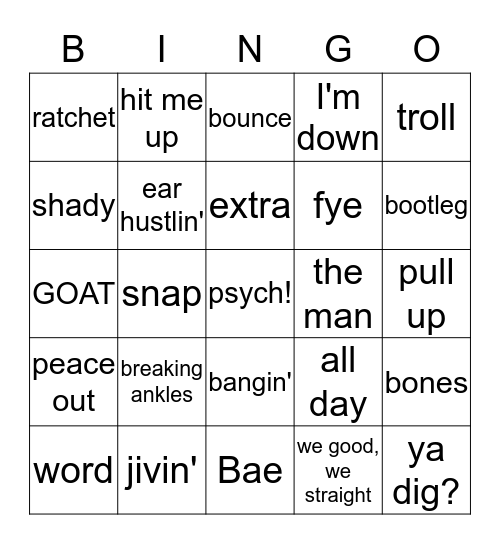 Slang Terms Bingo Card