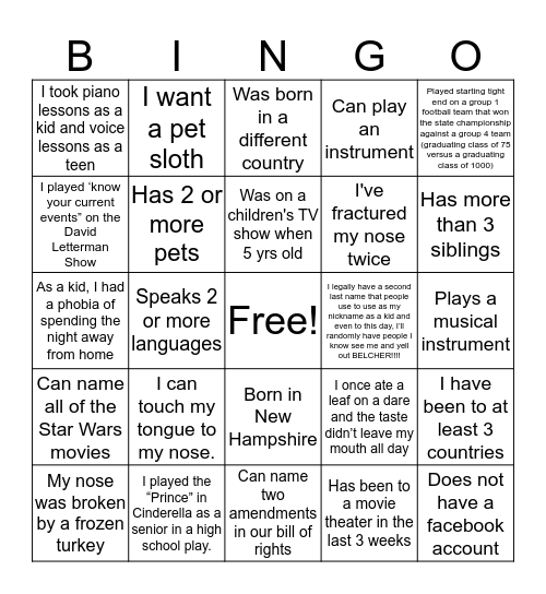 Human Bingo! Use each person once per sheet Bingo Card