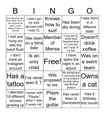Human Bingo! Use each person once per sheet Bingo Card