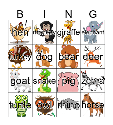 zoo and farm animals Bingo Card