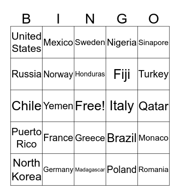 Longitude and Latitude Bingo Card