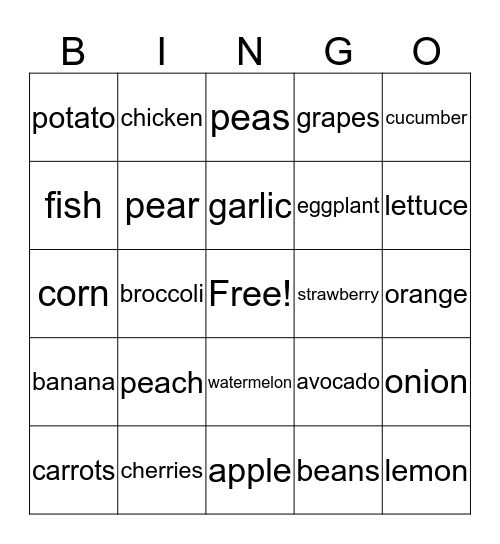 FRUITS AND VEGETABLES BINGO Card