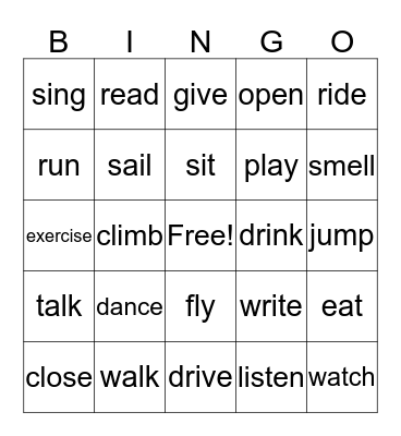 Verb Bingo 1 Bingo Card