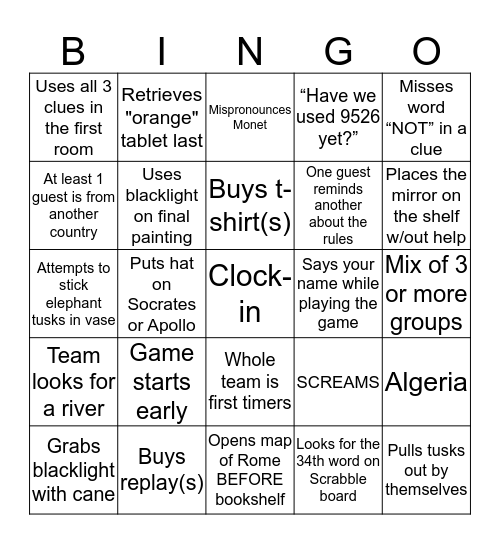 Heist Bingo Card