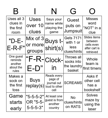 Prison Break Bingo Card