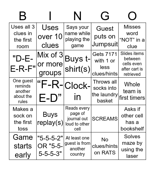 Prison Break Bingo Card