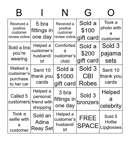 CBI Sales and Service Bingo Card