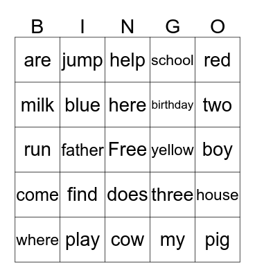 Kindergarten High Frequency Words Bingo Card