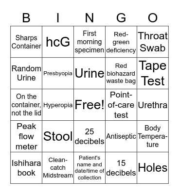 Module 11: Testing and Laboratory Procedures Bingo Card