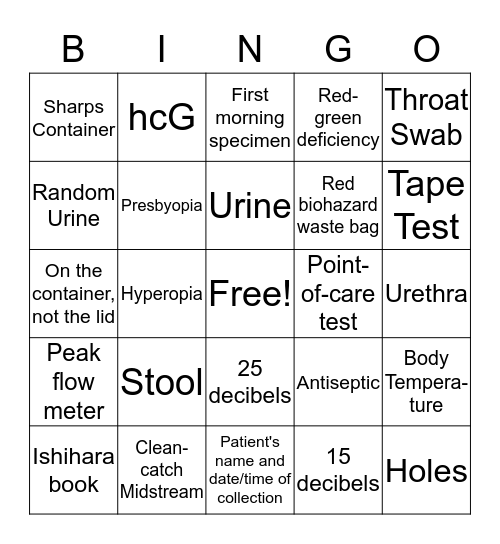Module 11: Testing and Laboratory Procedures Bingo Card
