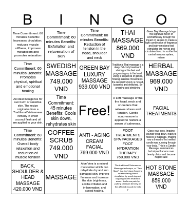 Spa Bingo Card