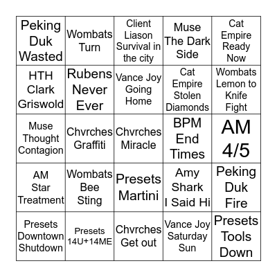 Hottest 100 Shortlist Bingo Card
