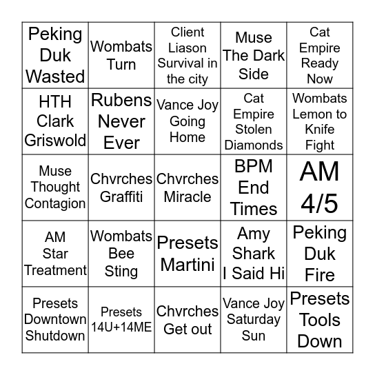 Hottest 100 Shortlist Bingo Card