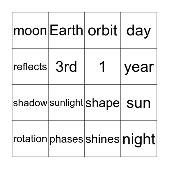 Earth, Moon, & Sun Bingo Card