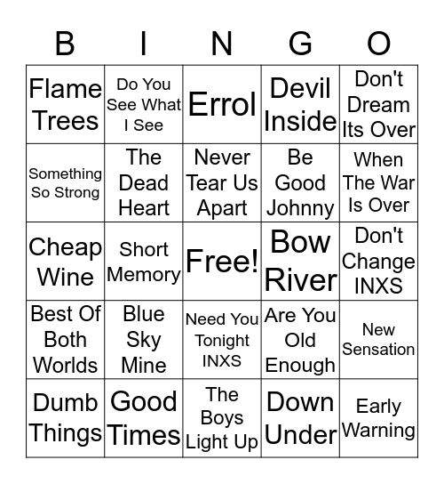 Aussie Music Bingo Card