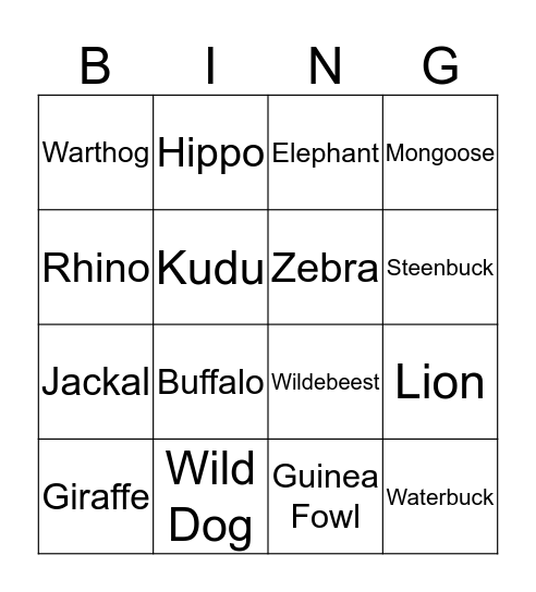 Safari Bingo Card