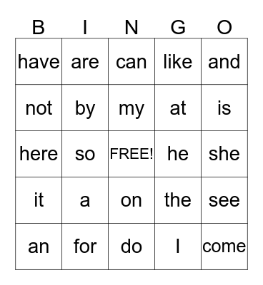 Sight Words 1 Bingo Card