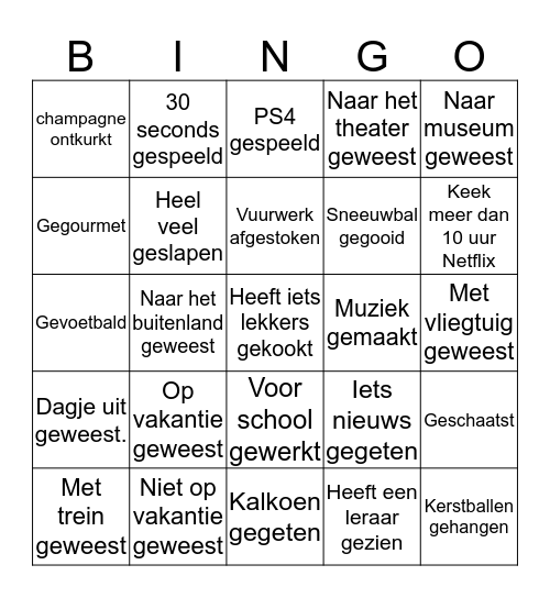 KERSTVAKANTIE BINGO! Schrijf naam bij vakje. Bingo Card