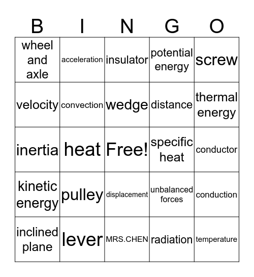 Forces and Motion Bingo Card