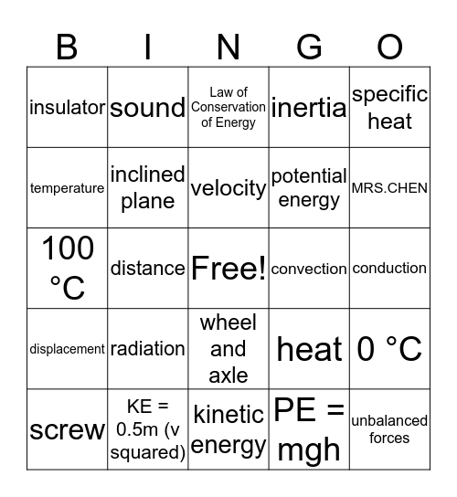 Forces and Motion Bingo Card